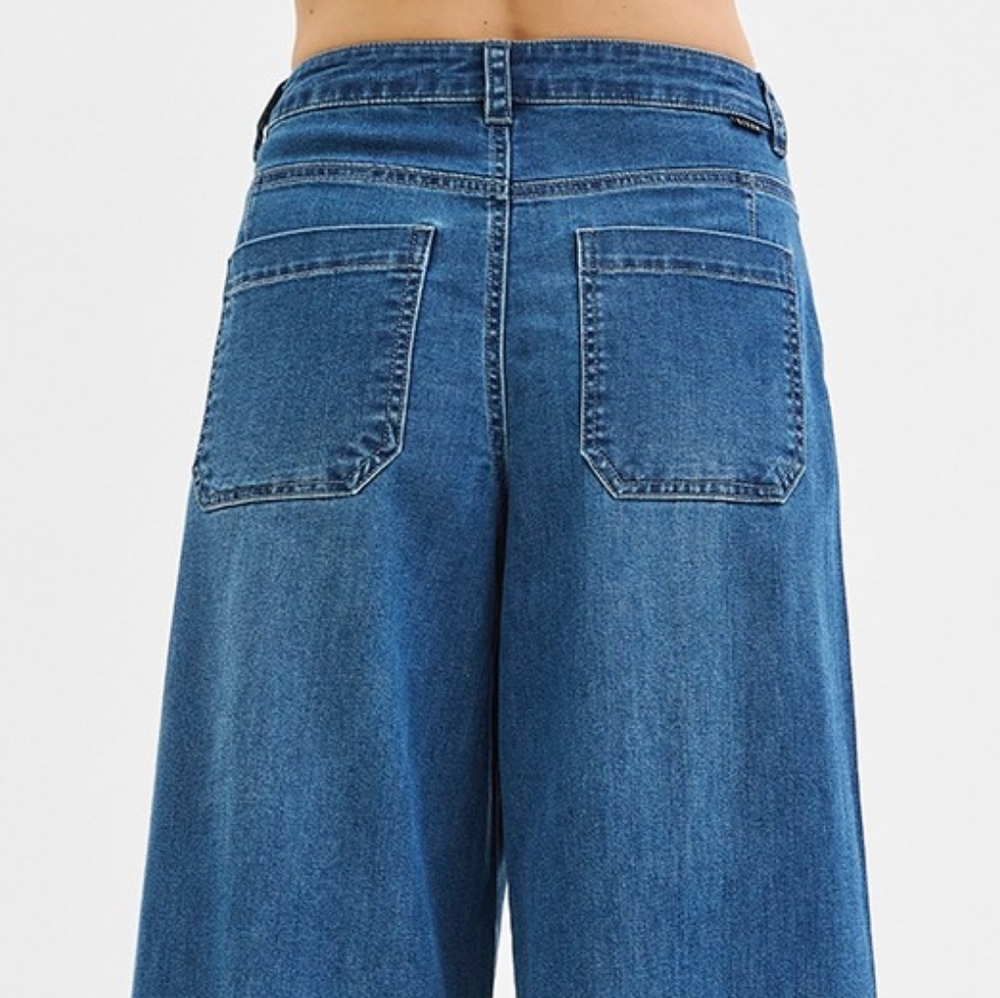 RISEN Palazzo Baggy Mid-Rise Pleated Ultra Wide Oversized Leg Jeans Denim Pants - Picture 6 of 16